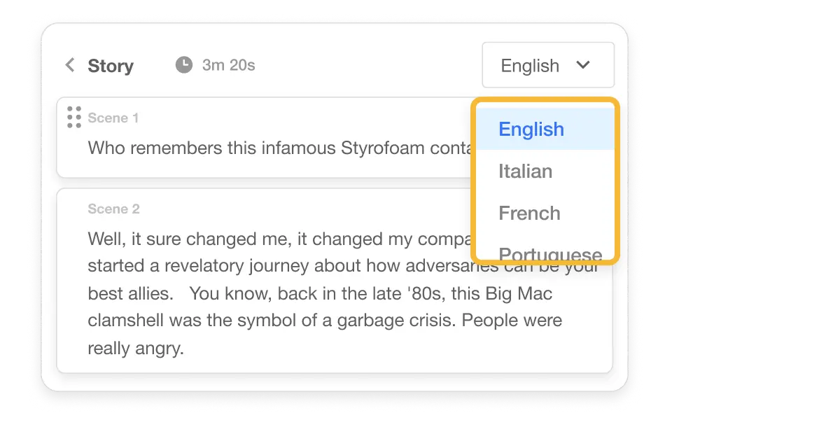 Visla's interface displaying Seamless Language Translation for video translator, including dropdown menus for story selection and language options like English, Italian, French, and Portuguese. Text excerpt from a translated video script shown alongside.